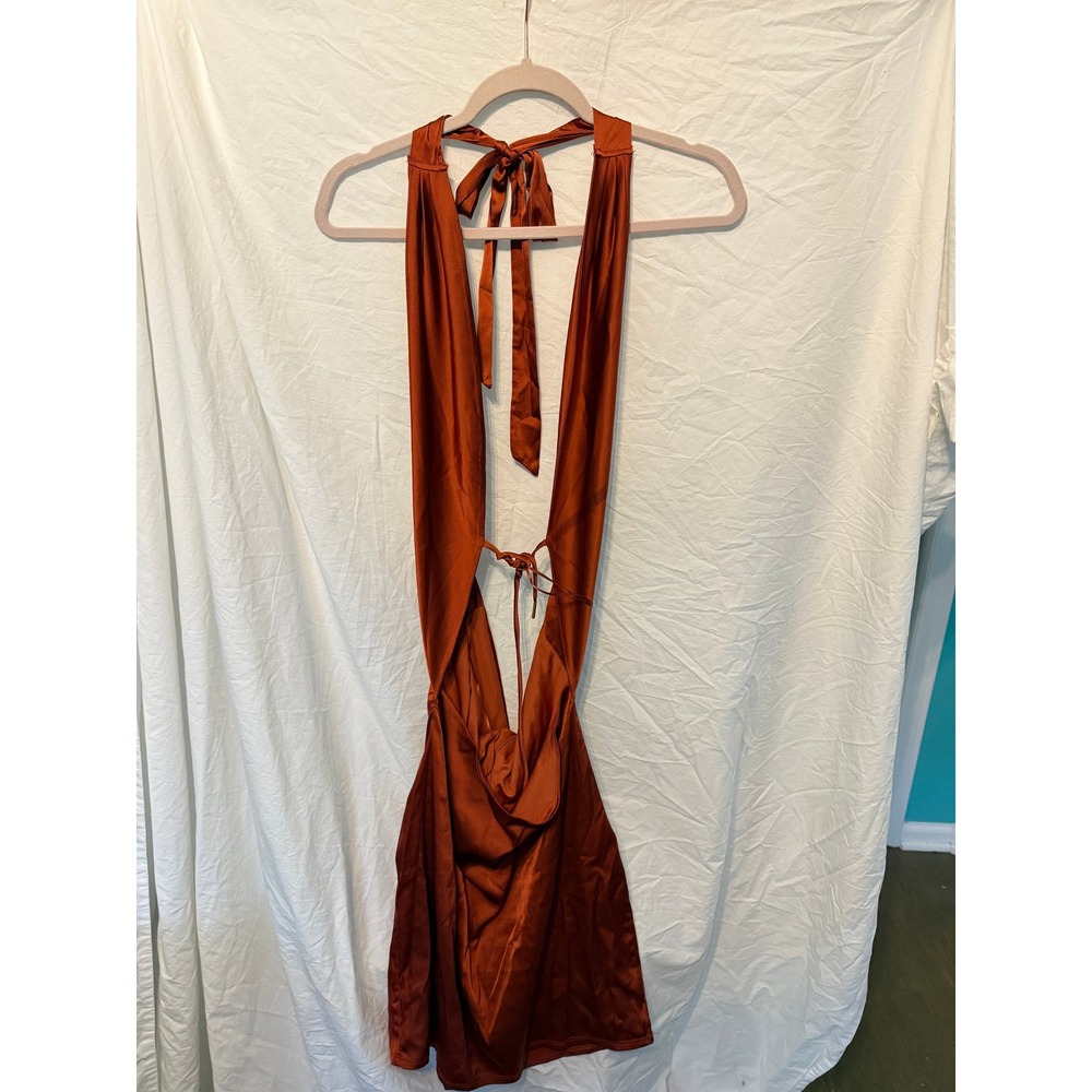 Fashion Nova Rust Orange Satin Backless Halter Mini Dress XL‎ Deep V Neck